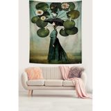 Pelangi Yapraklı Nilüfer Çiçekleri Leke Tutmaz Kumaş Duvar Örtüsü Duvar Halısı Tapestry PNTR299, 140 x 140