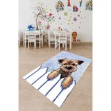 Pelangi Yavru Köpek Desenli Dijital Baskı Yıkanabilir Kaymaz Taban Çocuk Odası Halısı, Mavi-Beyaz 40 x 40