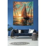 Pelangi Yelkenli Balıkçı Ve Gün Doğumu Leke Tutmaz Kumaş Duvar Örtüsü Duvar Halısı Tapestry PNTR400, 140 x 140