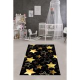 Pelangi Yıldız Desenli Gold Yıldızlı Dijital Baskı Yıkanabilir Kaymaz Taban Bebek ve Çocuk Odası Halısı, Siyah-Gold 120 x 180