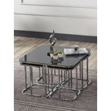 Pelikan 4+1 Siyah Aynalı Temperli Cam Gümüş Metal Ayak Takım Sehpa Sedaş Living Units Sehpa