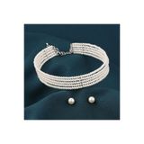 Pelin Aksesuar Beş Sıralı Klasik Beyaz İnci Choker Kolye ve Küpe Seti