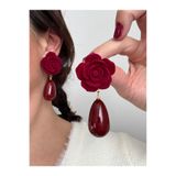Pelin Aksesuar Bordo Gül ve Damla Taşlı Büyük Küpe