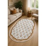 Pelura Halı Floral Desen Çerçeveli Oval Baskılı Kaymaz Yıkanabilir Salon Oturma Odası Mutfak Antre Halısı - Kahverengi - 200 x 290 cm