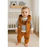 Peluş Ayıcık Desenli Kapişonlu 3'lü Erkek Bebek Takımı 3-18 Ay - Turuncu - 3 - 6 Ay