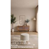 Peluş Beyaz Puf Ahşap Ayaklı - Dekoratif Puf Koltuk - Yuvarlak Makyaj Sandalyesi - 40-45