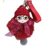 Peluş Gözlüklü Kız Bebek Çanta Süsü/Charm Anahtarlık (Bordo)