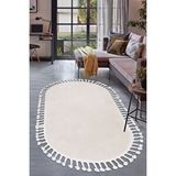 Peluş Halı Krem Cool Saçaklı Oval Post Kesme Yolluk Kilim Salon Halısı Modelleri