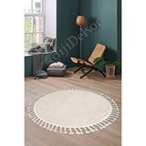 Peluş Halı Krem Cool Saçaklı Yuvarlak Kesme Post Yolluk Kilim Salon Halısı Modelleri