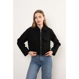 Peluş Kürklü Cepli Kadın Ceket - Siyah - XL
