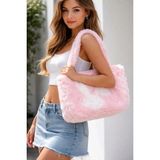 Peluş Omuz Çantası Pembe Beyaz Desenli Kadın Çanta Büyük Boy Yumuşak Dokulu Trend Tote Çanta 42X50 cm - 42 x 50 cm