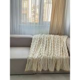 Peluş Püsküllü Ekru Geometrik Desen Koltuk Örtüsü 170X220 Cm