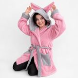 Pelüş sabahlık,bornoz, yumuşak polar sabahlık, kapüşonlu ve cepli, pelüş sıcak ev mantosu, uzun,sauna bornozu, spa ve tatil için (Pembe, Standart)