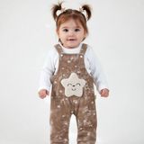 Peluş Yıldız Detaylı Unisex Bebek Salopet Takımı – Yıldız Desenli 2’li Bebek Tulum Seti - Kahverengi - 0 - 3 Ay