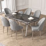 Pem Serisi 90X160 Lak Panel Antrasit Ironi Krom Ayak Masa Takımı 6 Sandalye - Gri