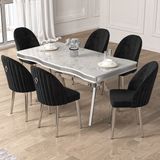 Pem Serisi 90X160 Lak Panel Beyaz Mermer Desen Krom Ayak Masa Takımı 6 Sandalye - Siyah