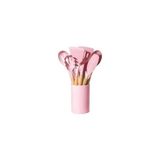 Pembe 12 Parça Ahşap Sap Silikon Mutfak Pasta Silikon Kepçe Çırpıcı Fırça Kevgir Kaşıklık Maşa Spatula Set - standart