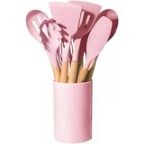 Pembe 12 Parça Ahşap Sap Silikon Mutfak Pasta Silikon Kepçe Çırpıcı Fırça Kevgir Kaşıklık Maşa Spatula Set