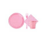 Pembe 25 Kişilik Plastik Bardak Çatal Tabak Puantiyeli Peçete