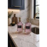 Pembe 2'li Cam Sabunluk/Deterjanlık, 500 ml, Altın Renk Metal Stantlı, 21,5x9x23 cm