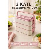 Pembe 3 Katlı Beslenme Kutusu Çatal Kaşık Dahil Kilitli Kapaklı Taşıma Saplı Yemek Saklama Kabı Seti