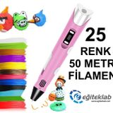 PEMBE 3D Kalem Yazıcı+25 renk 50 metre (25x2metre) PLA Filament