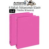 Pembe 4 Halkalı Klasör 2 Adet A4 PVC Öğrenci ve Ofis Tipi Evrak Sunum Klasörü İç Cepli Otomatik Mekanizmalı Büro