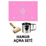 Pembe 45x65 Cm Silikon Hamur Açma Matı, Çelik Un Eleği Ve Ahşap Saplı Hamur Açıcı Çok Renkli