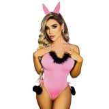 PEMBE BADY -TAÇLI-SİYAH TÜY DETAYLI-ŞEKER TAVŞAN TEMALI YUMUŞAK PENYE KUMAŞ (L/XL)