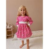 Pembe Barbie Desenli Astarlı Beyaz Fiyonklu Elbise - 2 - 3 Yaş