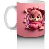 Pembe Bereli Sevimli Ayıcık Figürü Önden ve Arkadan - Baskılı Kahve Kupası - Renkli