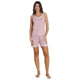 Pembe-Beyaz Çizgili Dantel Detaylı İp Askılı Şortlu Pijama Takımı (Pembe Çizgili, L)