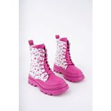 Pembe Beyaz Renkli Barbie Baskılı Fermuarlı Bağcıklı Lüks Kız Çocuk Botu