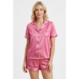 Pembe Biye Detaylı Saten Şortlu Dokuma Pijama Takımı