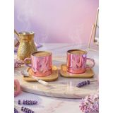 Pembe Borosilikat Cam Fincan Seti, Çift Kat Isıya Dayanıklı Kahve ve Çay Fincanı, Kare Bambu Altlıklı, 2'li Set