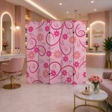 Pembe Çiçek Desenli Dekoratif Paravan – Güzellik Salonu Ve Yaşam Alanları İçin Oda Bölücü Çift Taraf Baskılı 7 Kanat Yükseklik 180 X Genişlik 280