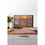 Pembe Çiçeklere Açılan Pencere Cam Kesme Tahtası , Silikon Ayaklı, Kırılmaya Dayanıklı Sunum Tablası - 30 x 45 cm