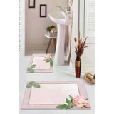 Pembe Çiçekli Desen Banyo Halısı Klozet Paspas Seti BS009