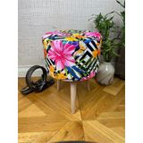 Pembe Çiçekli Puf Oturan Bench Tabure Koltuk Pembe Ahşap Ayak