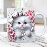Pembe Çiçekli Sevimli Kedi Temalı 3D Efektli Porselen Kupa Bardak - Kedili Kupa Bardak - Beyaz - 300 ml
