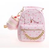 Pembe Çilek Desenli Fiyonklu ve Peluş Aksesuarlı Sırt Çantası - Tatlı/Coquette Tarzı 25x18cm
