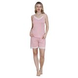 Pembe Çizgili Dantel Detaylı Yazlık Pijama Şort Takımı Milan Kumaş (Pembe, L)