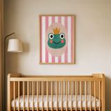 Pembe Çizgili Kurbağa Çocuk Odası Duvar Posteri Çerçeveli Tablo Duvar Dekorasyonu - 21 x 30 - Ahşap Çerçeveli