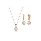 Pembe Damla Doğal İnci Kolye Küpe İkili Set (Rose)