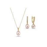Pembe Damla Doğal İnci Kolye Küpe İkili Set (Sarı)