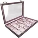 Pembe Deri Kumaş Cam Kapaklı Bölmeli Kolye Tablası 24X34 cm - Ahşap - Bej