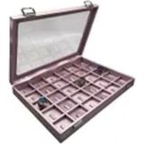 Pembe Deri Kumaş Çerçeveli Bölmeli Yüzük Tablası 34X24 cm - Ahşap - Bej