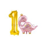 Pembe Dinozor 1 Yaş Gold Renk Rakam Balon Set Sevimli Pembe Dinozor Konsept Doğum Günü Balon Set