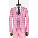 Pembe Ekose Ceketli Desenli Slim Fit Takım Elbise - 52 - Bordo