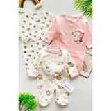 Pembe Fil Desenli 3'lü Patikli Tulum (Kız - Erkek - Yenidoğan) - 00406 Pembe - 3 - 6 Ay
